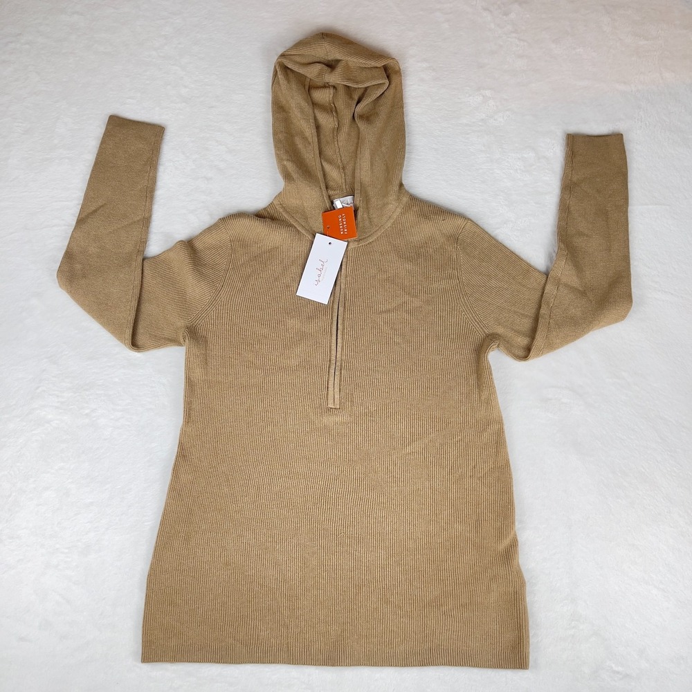Ingrid & Isabel Hooded Maternity Nursing Sweater Women Small Tan Ribbed Half Zip